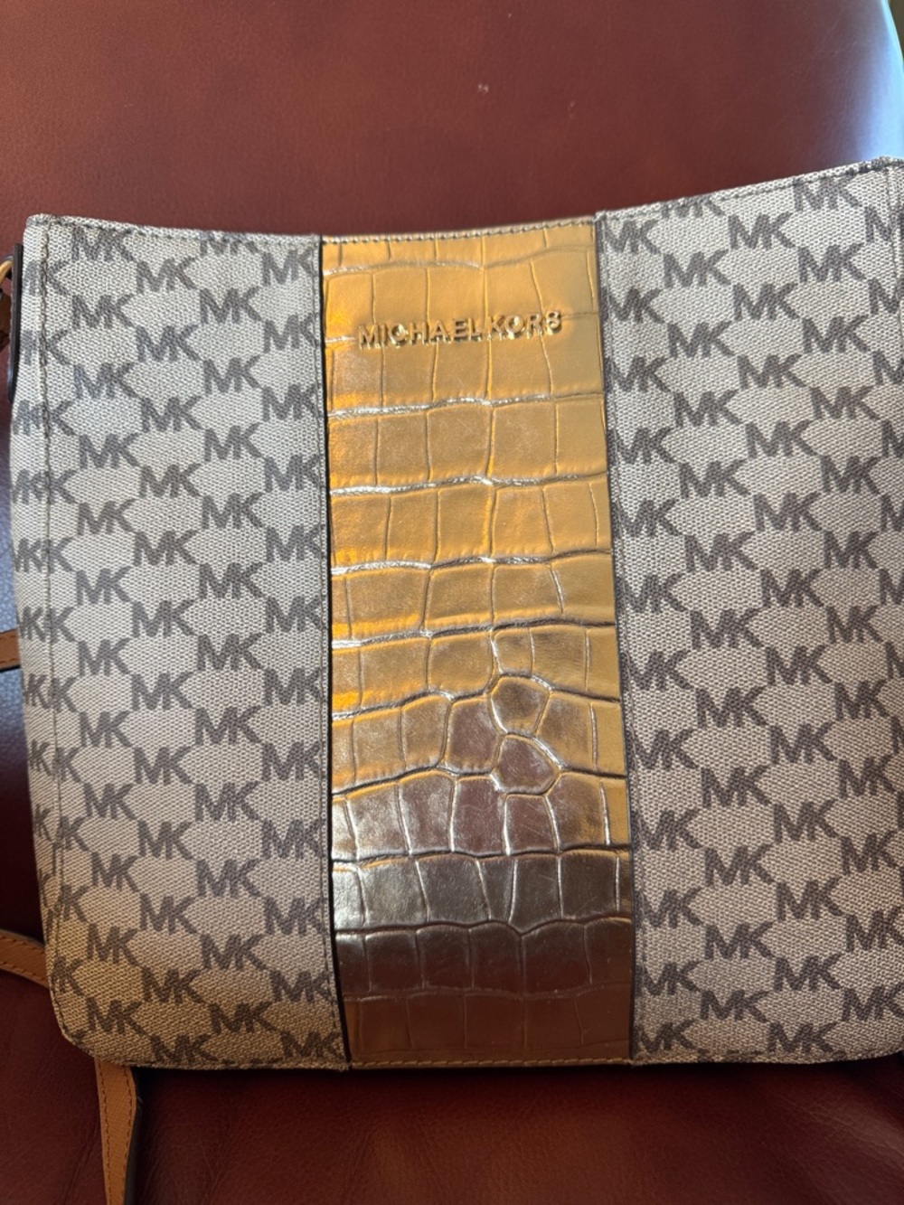 Michael Kors Tan and Gray MK Monogram Messenger Bag
